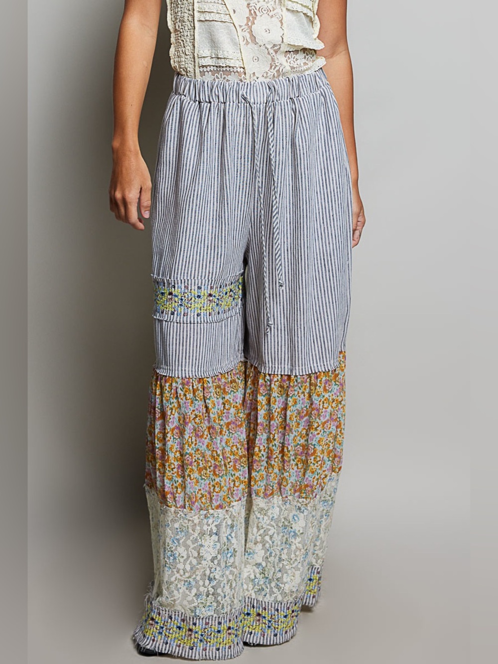 POL “ Ocean Haze “ Patchwork Pants Floral Wide Leg | Stripe